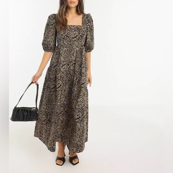 ♦️SOLD♦️ Mango Puff Sleeve Midi Dress Abstract Animal Print Black & Tan Size 10 - Picture 2 of 13